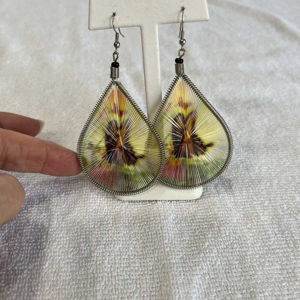 Thread Art Teardrop Earrings‎ Butterfly Motif Boho Festival Hippie